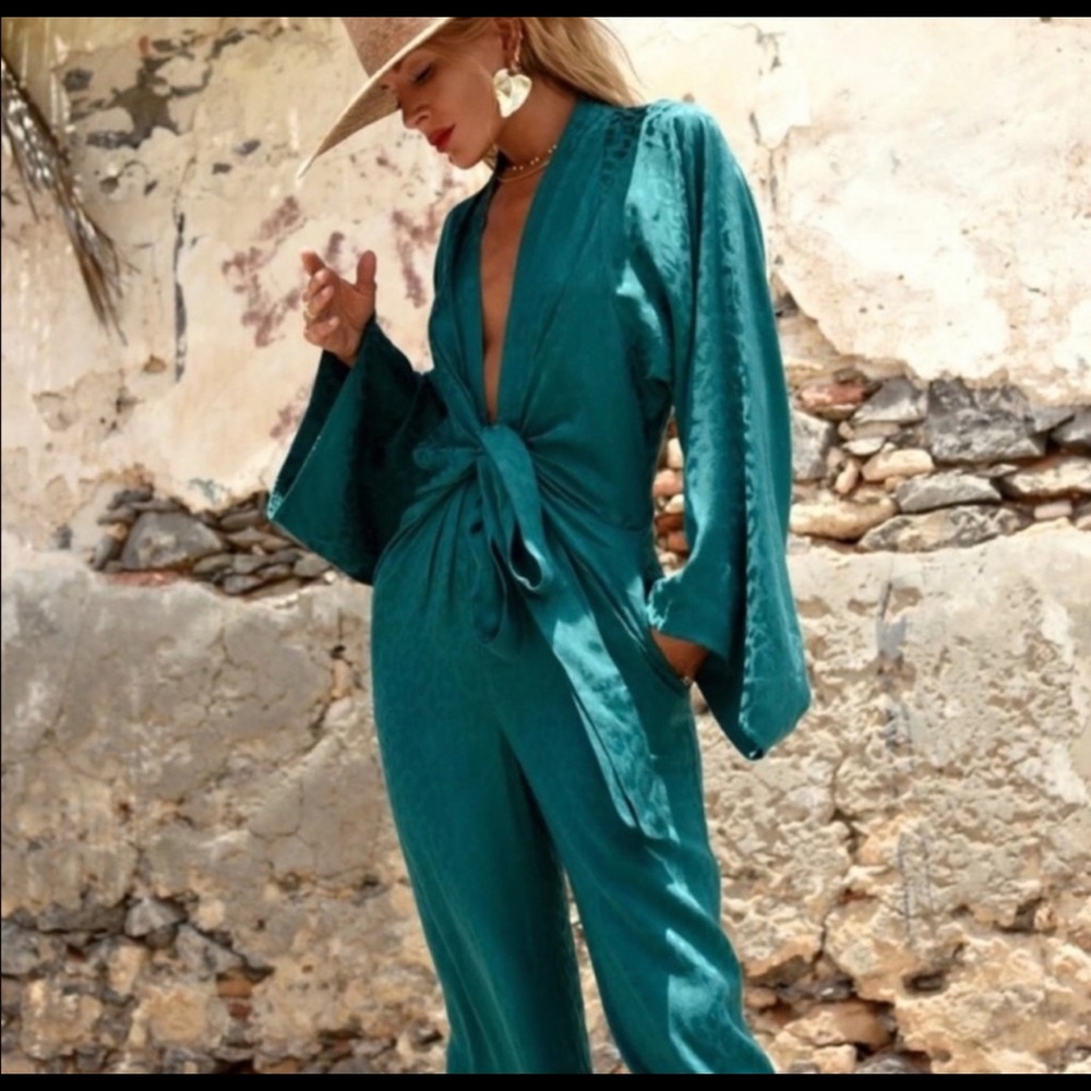 Rat & Boa Jacquard Leopard Print Green Jumpsuit